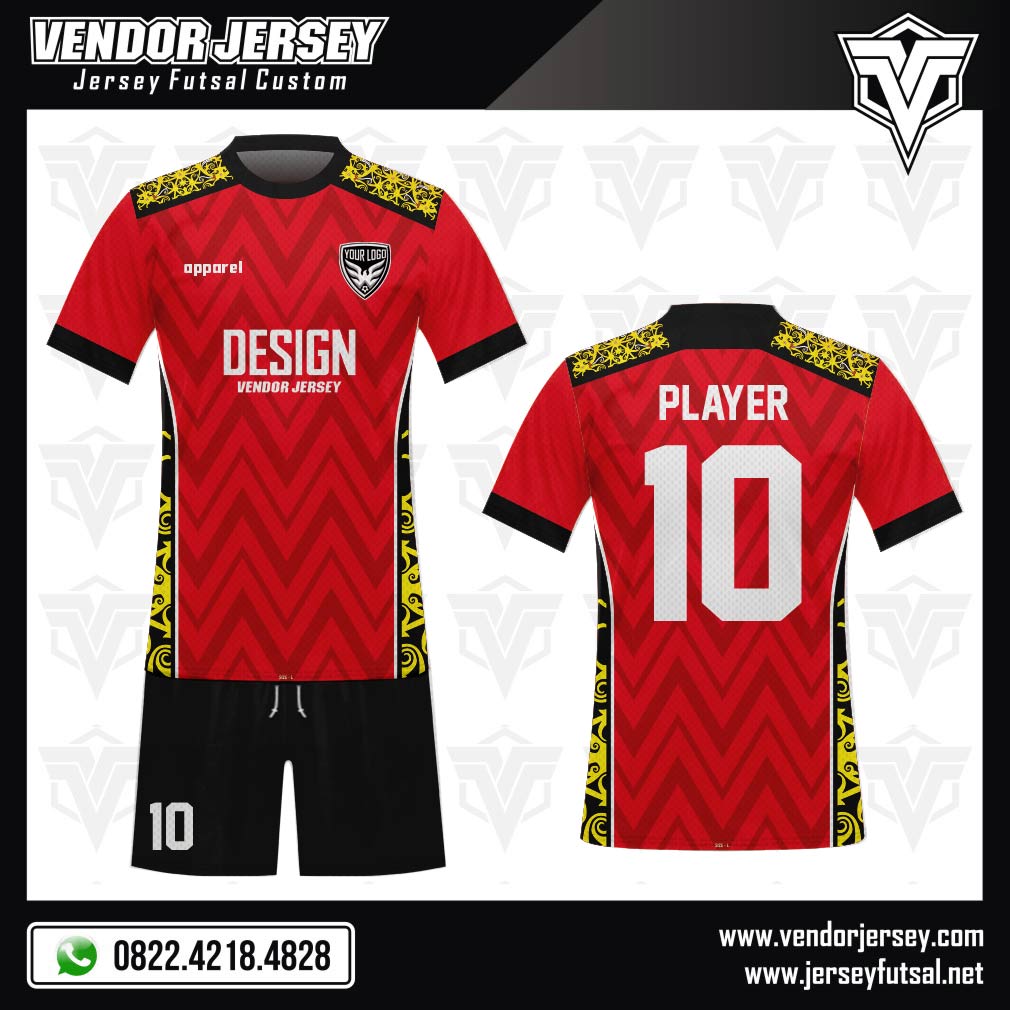 Desain Jersey Sepakbola Code Motif Batik Kalimantan Kombinasi Merah Kuning Hitam