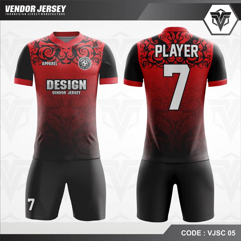 Desain Jersey Futsal Printing Warna Merah Hitam Motif Batik