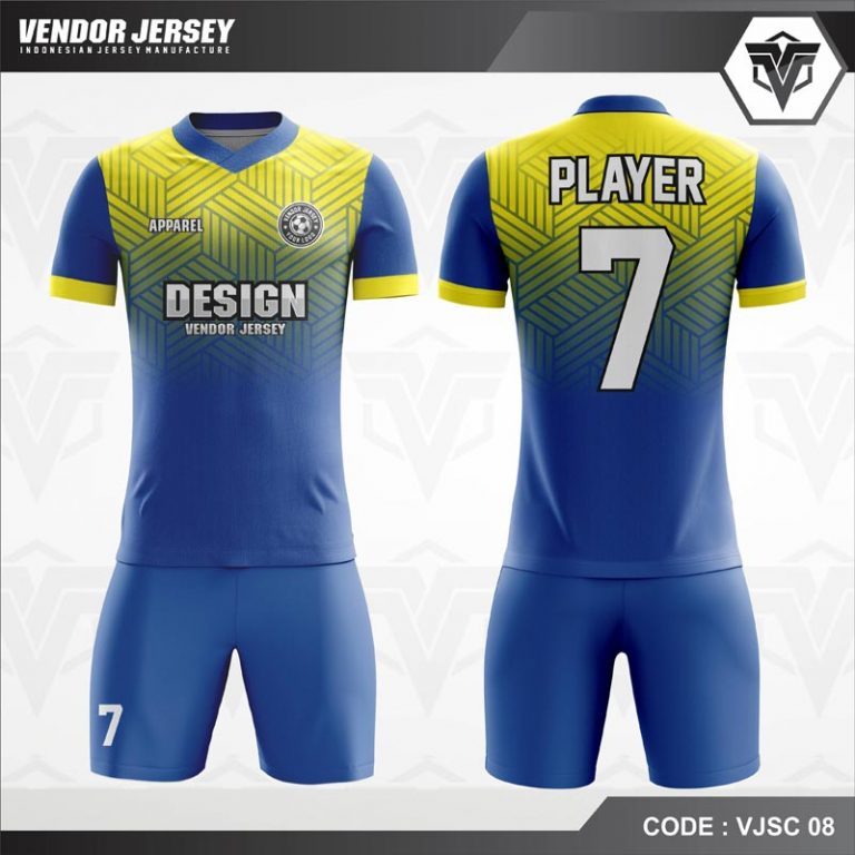 Download Desain Baju Futsal Printing Warna Biru Kuning Berornamen Modern | Vendor Jersey