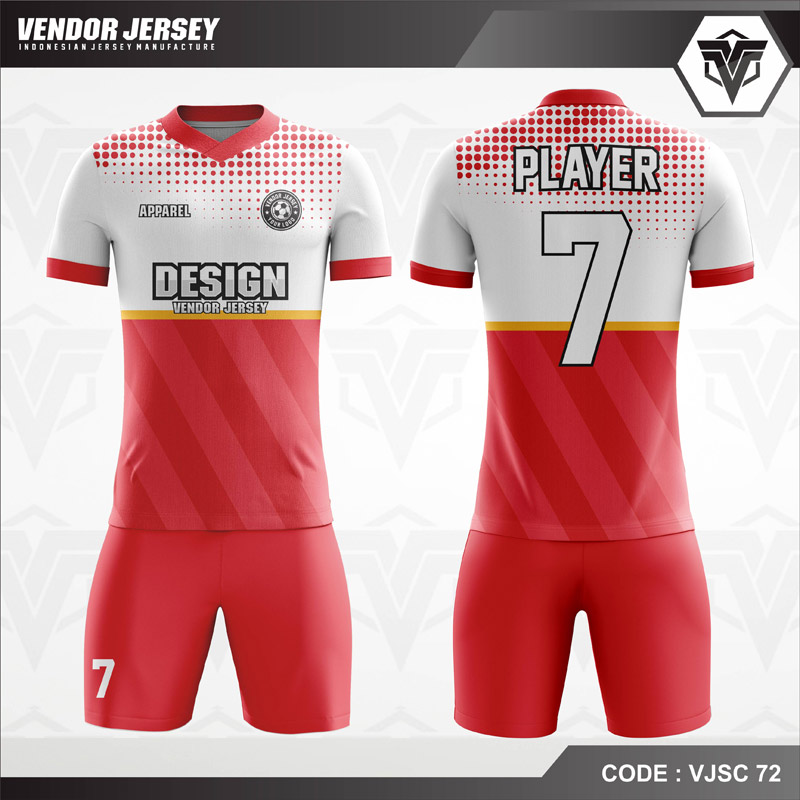 Desain Kaos Futsal Warna Merah Putih Motif Polkadot Terbaru