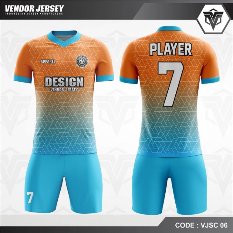 Desain Jersey Futsal  Warna Orange Biru Motif 3D Hexagonal 